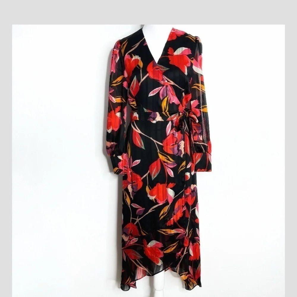 Adelyn Rae Wrap Dress High Low Chiffon Long Sleeve Black Red Print Sheer Sleeve